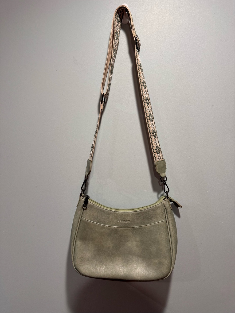 Soft green Crossbody Bag with Patterned Strap